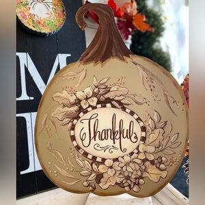 Decorative Thankful Metal Stake Pumpkin with Floral Design